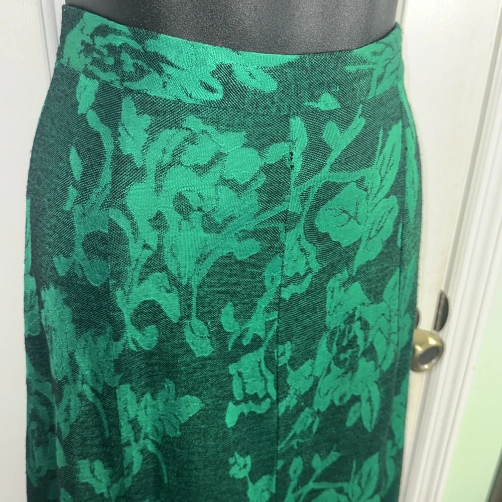 C.E. Stanton Green Vintage Floral Jacquard A-Line Midi Swing Classy Skirt Size 8